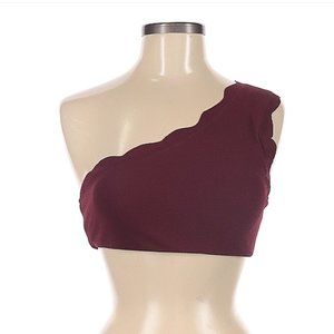 One shoulder asymmetrical crop top with scalloped edges in Maroon Burgundy Red